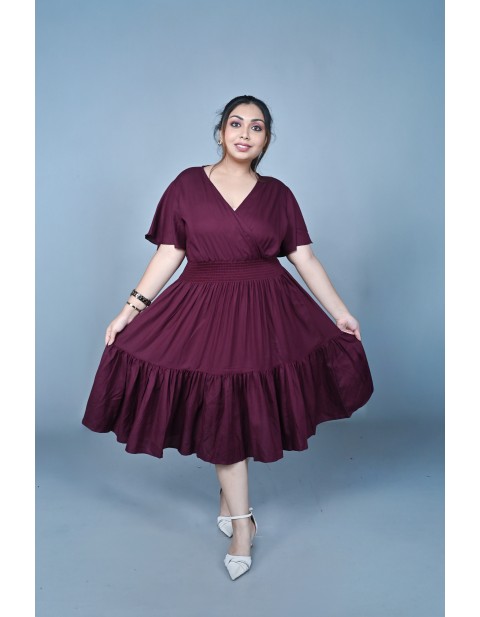 Wrap-Neck Tiered Midi Dress Brown