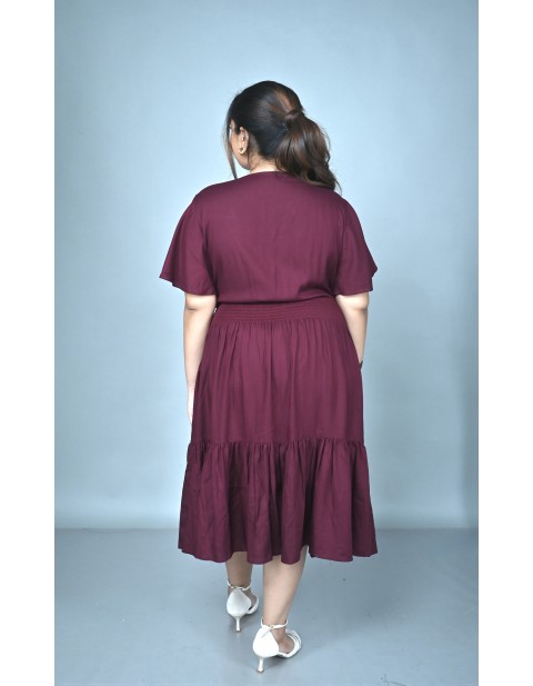 Wrap-Neck Tiered Midi Dress Brown