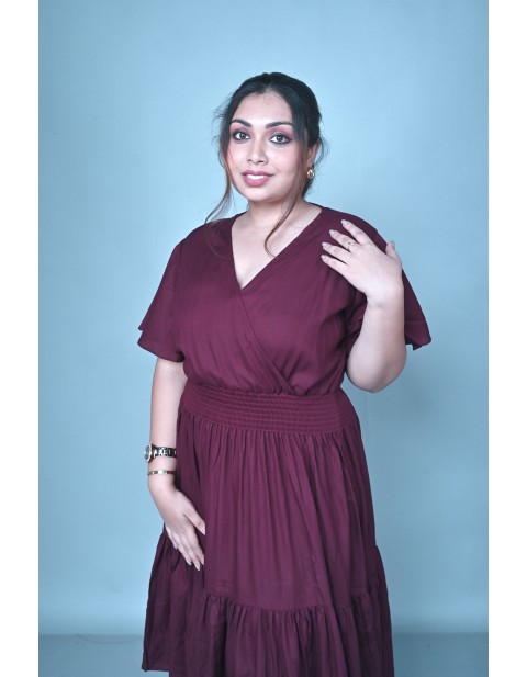 Wrap-Neck Tiered Midi Dress Brown