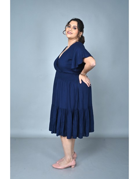 Wrap-Neck Tiered Midi Dress Blue