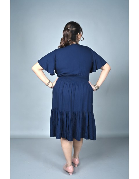Wrap-Neck Tiered Midi Dress Blue