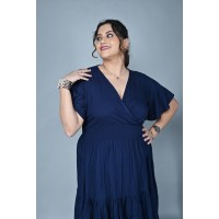 Wrap-Neck Tiered Midi Dress Blue