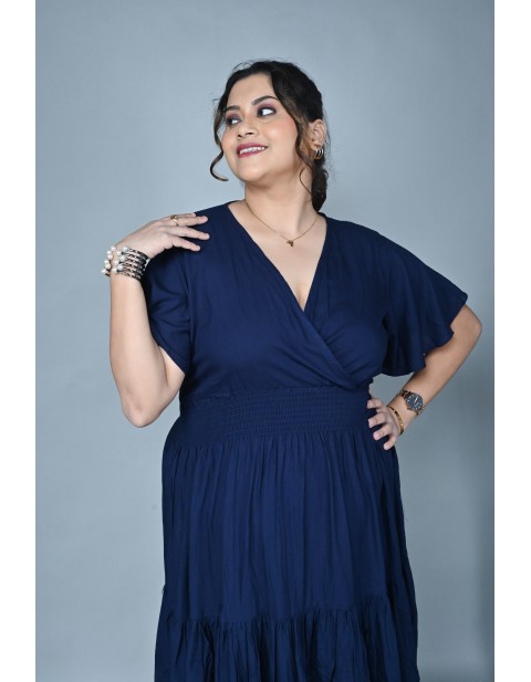 Wrap-Neck Tiered Midi Dress Blue