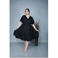 Wrap-Neck Tiered Midi Dress Black
