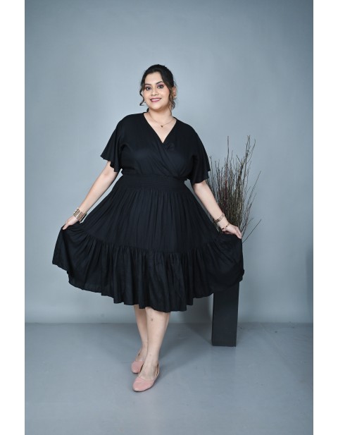 Wrap-Neck Tiered Midi Dress Black