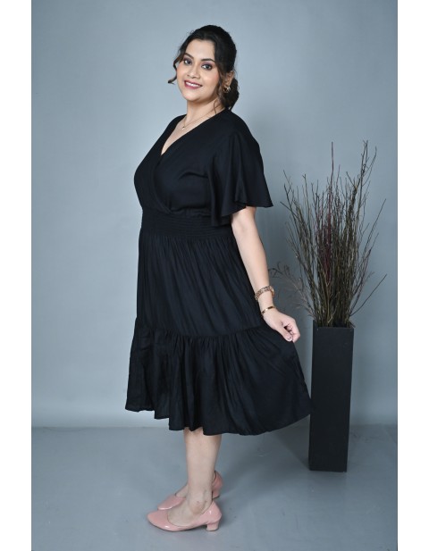 Wrap-Neck Tiered Midi Dress Black