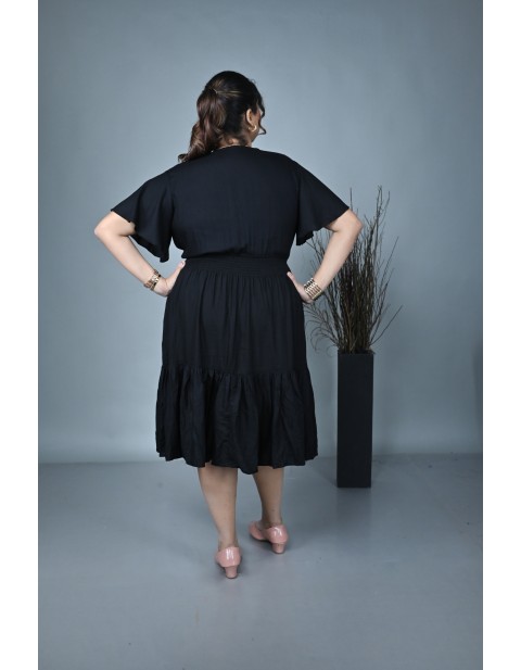 Wrap-Neck Tiered Midi Dress Black