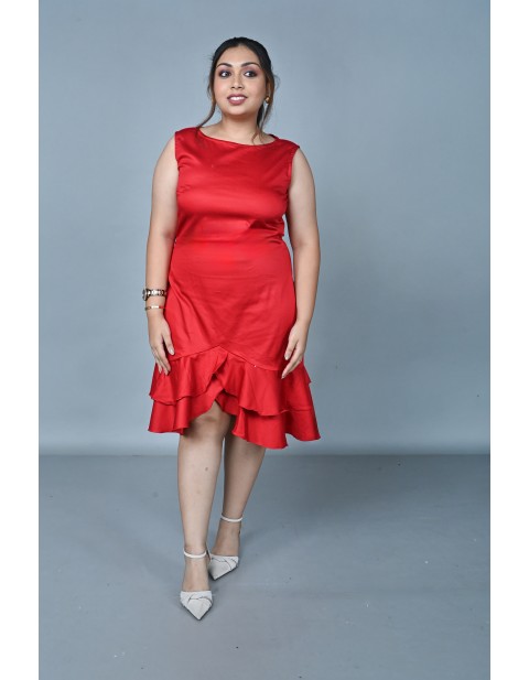 Sleeveles Elegant Ruffle Hem Midi Dress Red