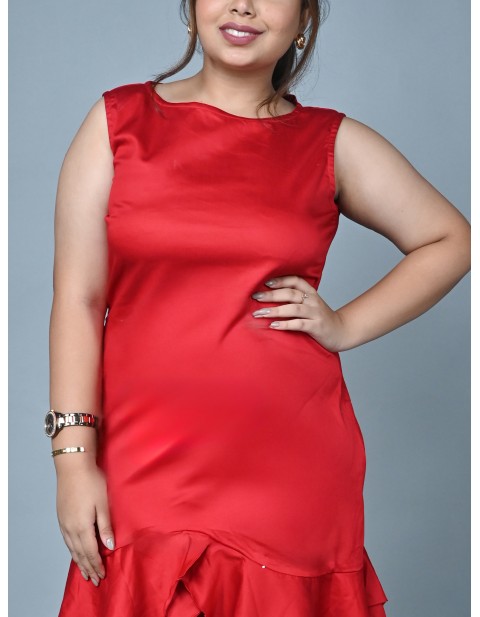 Sleeveles Elegant Ruffle Hem Midi Dress Red