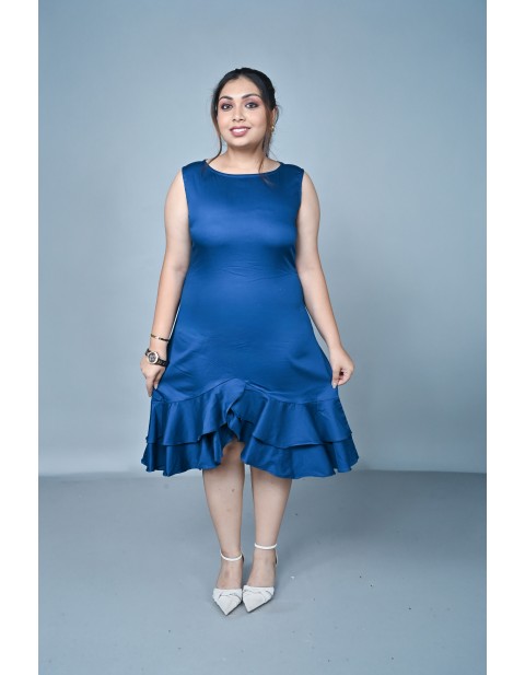 Sleeveles Elegant Ruffle Hem Midi Dress Blue
