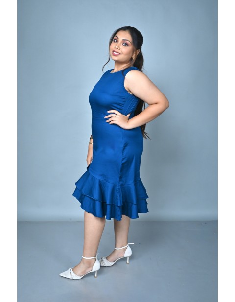 Sleeveles Elegant Ruffle Hem Midi Dress Blue