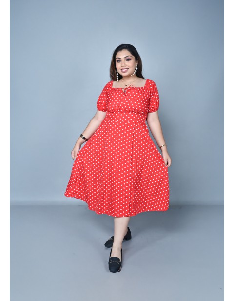 Polka Dot Puff Sleeves Midi Dress Red