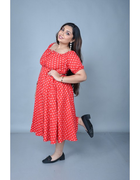 Polka Dot Puff Sleeves Midi Dress Red