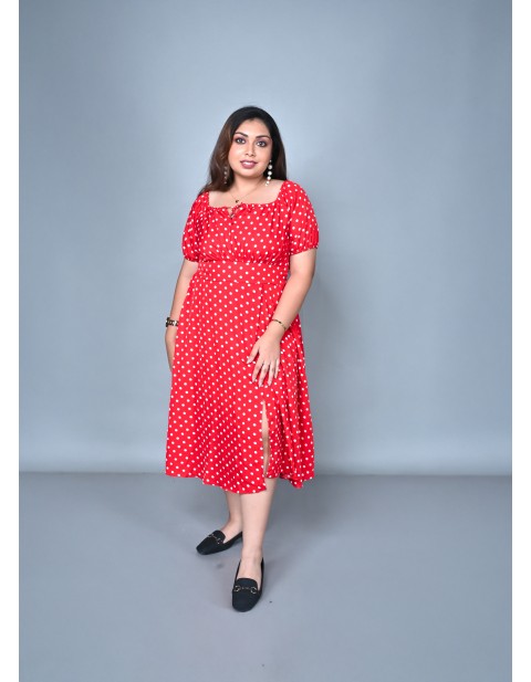 Polka Dot Puff Sleeves Midi Dress Red
