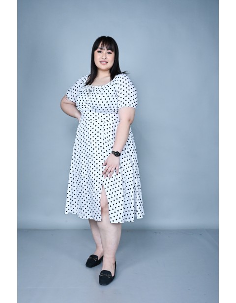 Polka Dot Puff Sleeves Midi Dress White