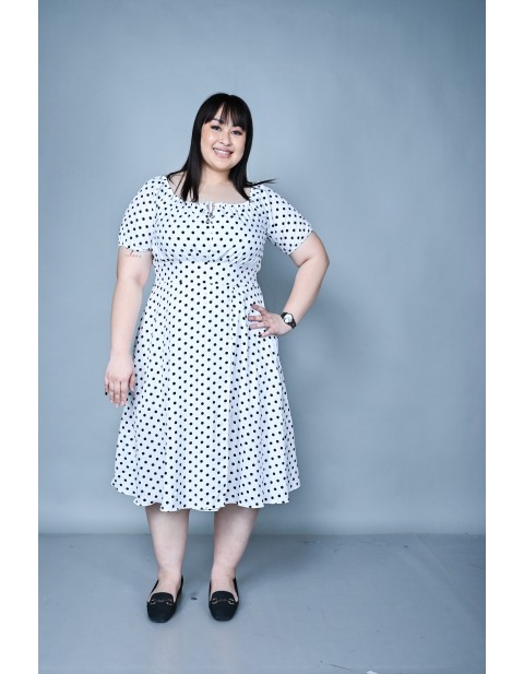 Polka Dot Puff Sleeves Midi Dress White