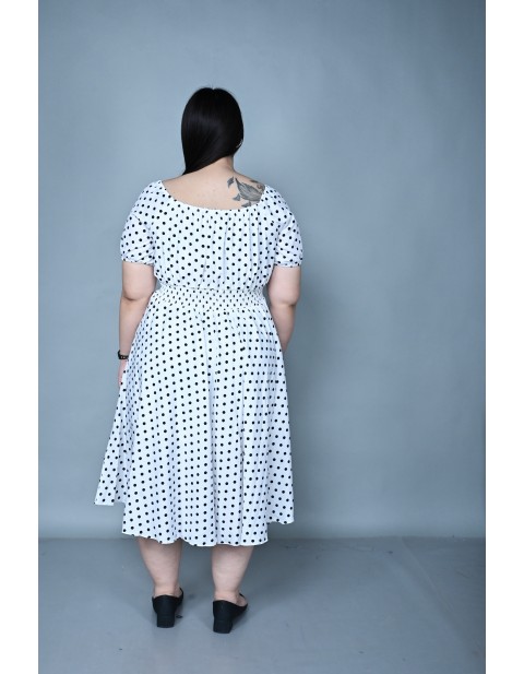 Polka Dot Puff Sleeves Midi Dress White