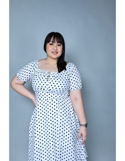 Polka Dot Puff Sleeves Midi Dress White