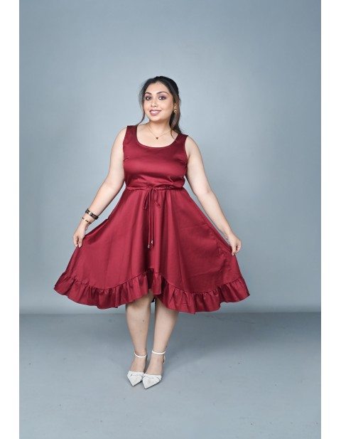Fluid Drape Satin Flared Midi Dress Red