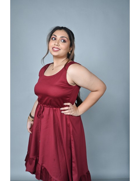 Fluid Drape Satin Flared Midi Dress Red
