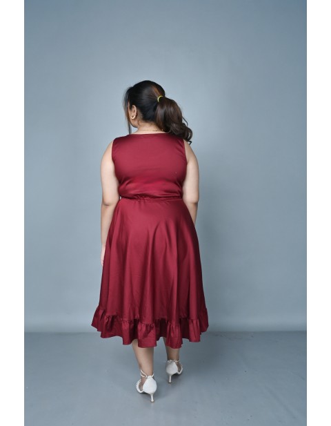 Fluid Drape Satin Flared Midi Dress Red