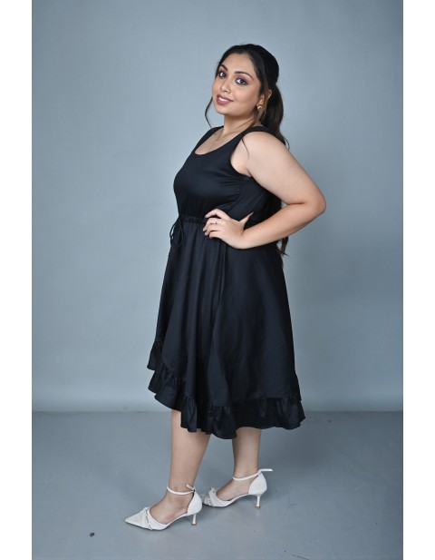 Fluid Drape Satin Flared Midi Dress Black