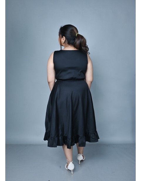 Fluid Drape Satin Flared Midi Dress Black