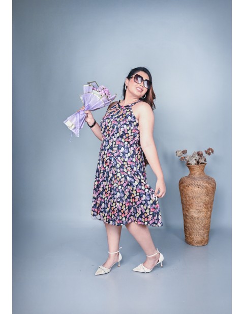 Halterneck Knee Length A-Line Dress Spoted