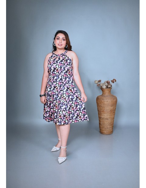 Halterneck Knee Length A-Line Dress Spoted