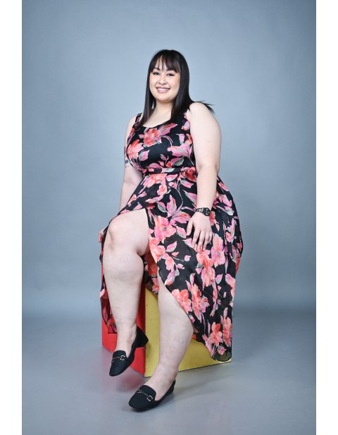 Midnight Blossom Belted Midi Dress