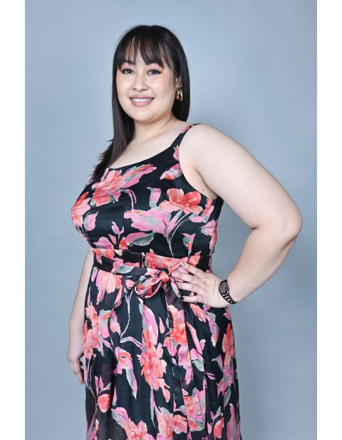 Midnight Blossom Belted Midi Dress