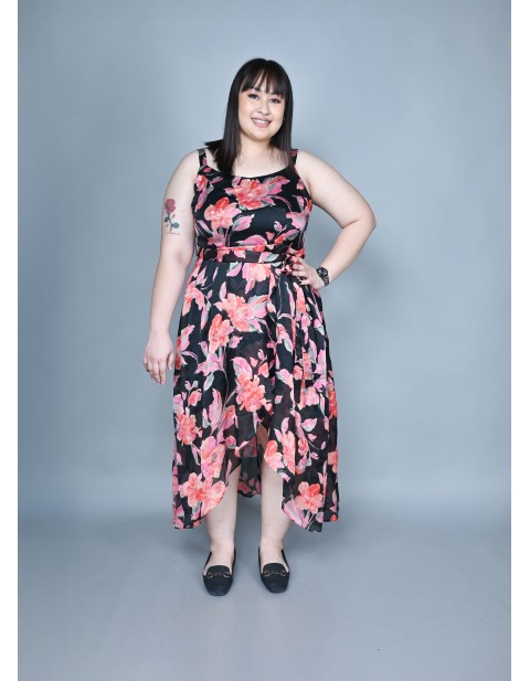 Midnight Blossom Belted Midi Dress