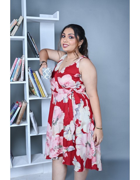 Crimson Bloom Wrap Midi Dress
