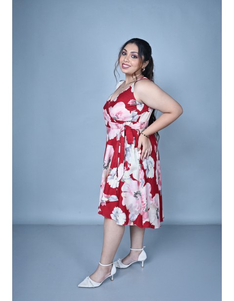 Crimson Bloom Wrap Midi Dress